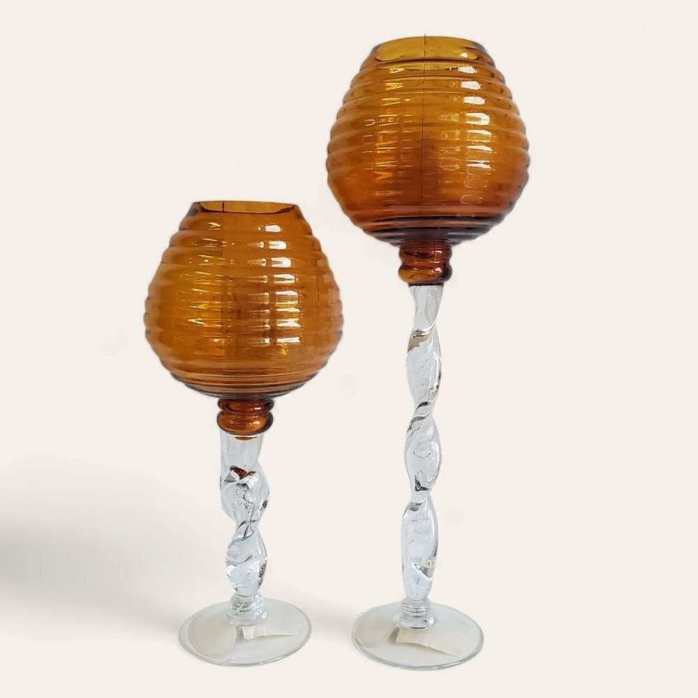 Vintage Amber Glass Twist Base Pedestal 12" and 16" Decor or Candle Holders